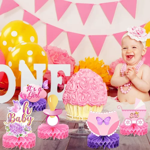 Miniatura 7 de Honoson 12 piezas de decoraciones de mariposa para baby shower para niña, centros de mesa de nido de abeja, suministros de fiesta de revelación