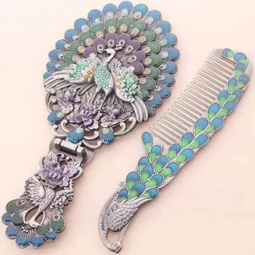 Miniatura 3 de Rayberro Espejo de mano vintage con juego de peine, espejo de mano vintage de pavo real en relieve metálico, espejo de maquillaje para la cara