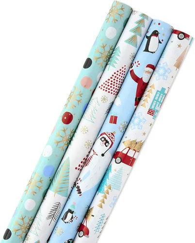 Hallmark Paquete de papel de regalo navideño con líneas de corte en el reverso, Navidad peculiar (paquete de 4, 120 pies cuadrados total) Yeti,