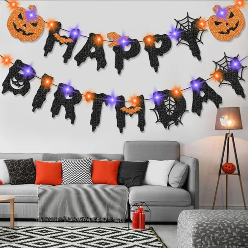 Miniatura 3 de Cartel de feliz cumpleaños de Halloween con luces, decoración de fiesta de cumpleaños de Halloween iluminada para mujeres, hombres, niñas y niños