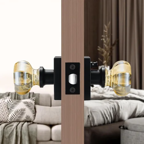Miniatura 4 de Pomo de puerta de cristal dorado champán con roseta cuadrada negra mate – Elegante juego de manijas octogonales de privacidad para dormitorio, baño