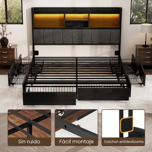 Miniatura 7 de BRELTAM Base de cama Queen con 6 cajones de almacenamiento, cabecera tapizada de lino, estación de carga USB integrada e iluminación LED, soporte