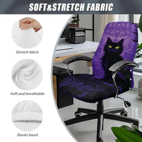 Miniatura 6 de Funda para silla de oficina de gato negro con brazos, elástica, a prueba de mascotas, antideslizante, todo en uno, decoración de escritorio de gato