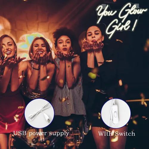 Miniatura 4 de Letrero de neón con texto en inglés "You Glow Girl" con luz LED blanca cálida para decoración de pared, letras USB, luces de neón para dormitorio