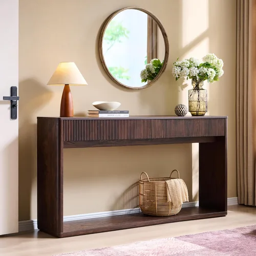 Miniatura 10 de OKD Mesa consola acanalada de 63 pulgadas para entrada, mesa de entrada moderna con 2 cajones grandes, mesa de sofá larga detrás del sofá para sala