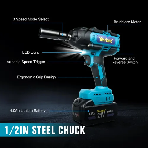 Miniatura 8 de Llave de impacto inalámbrica 1000N.m de 1/2 pulgada, pistola de alto par de 4800 RPM con 2 baterías de 4.0 Ah, llave eléctrica sin escobillas