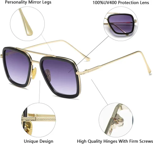 Miniatura 2 de Tony Stark - Gafas de sol vintage con marco de metal cuadrado para hombres y mujeres, lentes de sol vintage de Iron Man y Spider-Man