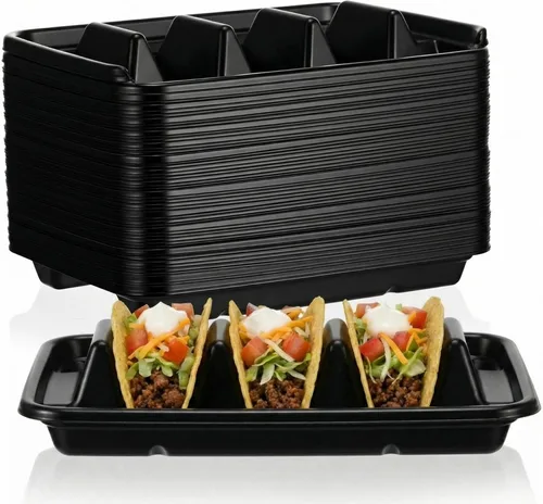Baderke 50 soportes desechables para tacos para fiestas, platos de tacos de plástico desechables con 3 divisores, bandeja de tacos de polipropileno