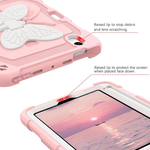 Miniatura 7 de DUEDUE Funda para iPad mini 7 (A17 Pro) 2024, iPad mini 6 2021, alas de mariposa con soporte para lápiz, funda protectora a prueba de golpes