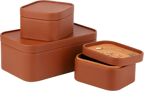 HofferRuffer Cajas de almacenamiento decorativas de piel sintética, cestas de almacenamiento a prueba de polvo con tapas y bandejas, contenedores de