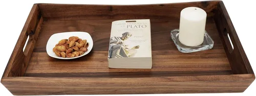 Miniatura 5 de Bandeja otomana rectangular curvada de madera de nogal negro de 22 x 14 pulgadas con asas, sirve té, café, bandeja decorativa de madera clásica