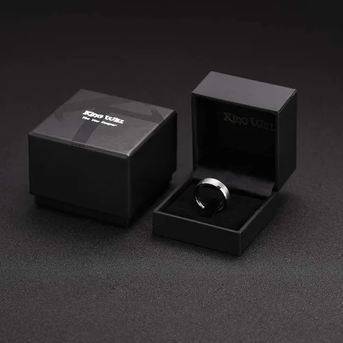 Miniatura 6 de King Will Anillo de boda de tungsteno para hombre, disponible en 15/64 a 25/64 de pulgada (6 a 10 mm), negro/plata, acabado mate, borde pulido