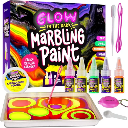 Dan&Darci Kit de pintura de mármol que brilla en la oscuridad para niños, juego de arte de pintura de mármol de agua para niños y niñas de 6, 7, 8,