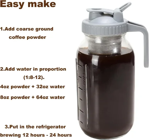 Miniatura 6 de Filtro de café de preparación en frío con tapa de pico vertedor para frasco Mason de boca ancha de 32 oz, colador de acero inoxidable 304 con anillo
