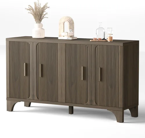 Miniatura 14 de Gabinete de buffet acanalado moderno de mediados de siglo con almacenamiento, aparador decorativo y armario de almacenamiento de credenza con Roble