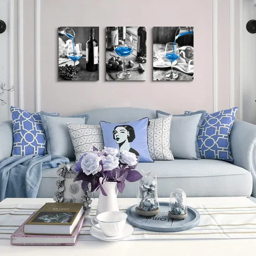 Miniatura 4 de Pinturas de decoración de pared para sala de estar, baño, habitación, cocina, familia, oficina, ilustraciones blanco y negro azul, rosa, flores, 12