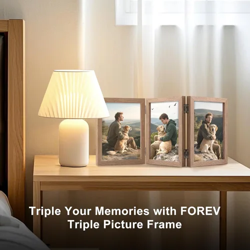 Miniatura 5 de TOFOREVO Marco de fotos de madera triple de 5 x 7 pulgadas, con tres bisagras, soporte de cristal verticalmente en escritorio o mesa Grano