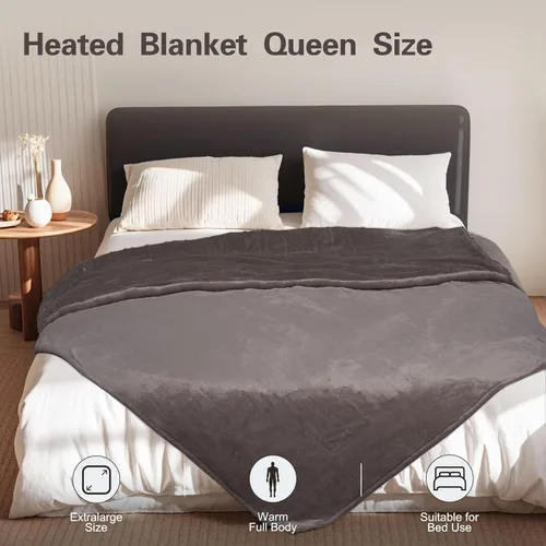 Miniatura 7 de Tefici Manta eléctrica tamaño Queen con doble control, manta eléctrica de franela suave tamaño Queen, calentamiento rápido con 3 niveles de calor