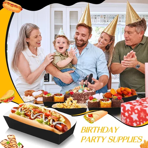 Miniatura 5 de Yeaqee 100 bandejas de papel de 7 pulgadas desechables para perros calientes, alimentos, nachos, botes para perros calientes, platos de comida Negro