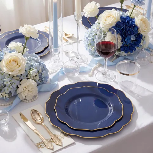 Miniatura 7 de NOCCUR 175 piezas de vajilla de plástico azul con cubiertos desechables - Incluye 50 platos desechables azules con borde dorado, 75 cubiertos Azul