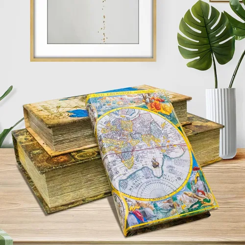 Miniatura 4 de Juego de 3 Cajas Decorativas para Libros, Cajas de Recuerdo y Baratijas con Patrón de Mapa del Mundo Antiguo, Regalo de Graduación Juego de 3