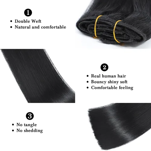 Miniatura 4 de Extensiones de cabello humano con clip, de 18 pulgadas, 8 piezas, color negro azabache, extensiones de cabello humano real para mujer, extensiones