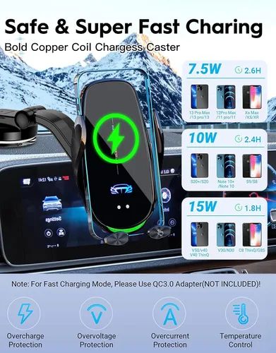 Miniatura 6 de Soporte inalámbrico para cargador de automóvil, carga rápida, sujeción automática de 15 W, soporte inteligente de inducción de control dual
