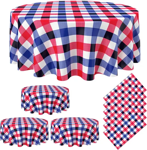 Miniatura 20 de Remagr Mantel Desechable de Cuadros Redondo de Plástico Buffalo Plaid Mantel de Mesa de 84'' Cubierta de Mesa Gingham para Picnic Camping BBQ Fiesta