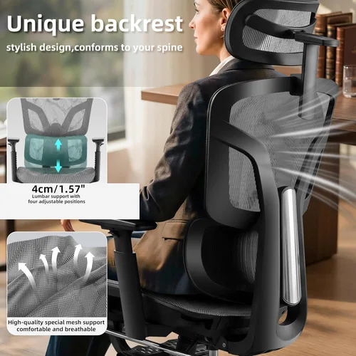 Miniatura 3 de Silla de oficina ergonómica con reposapiés, silla de oficina grande y alta, soporte lumbar ajustable de 4 niveles, bloqueo de inclinación de 155°