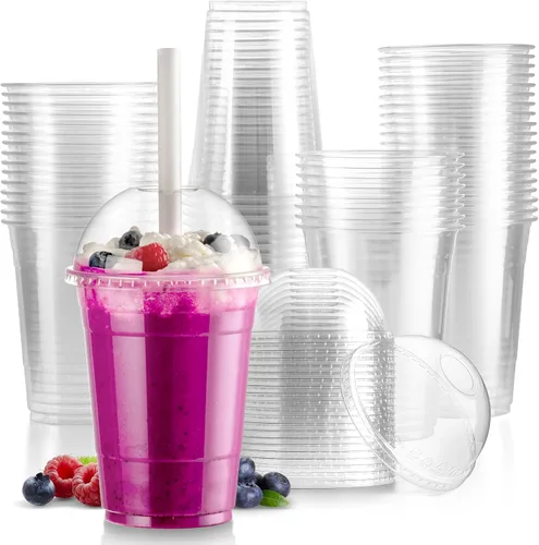 Fit Meal Prep Paquete de 100 tazas de café de plástico desechables de 16 onzas con tapas de cúpula, tazas de café helado con tapas, tazas de parfait