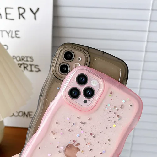 Miniatura 6 de Qokey Funda para iPhone 12 Pro Max de 6.7 pulgadas, diseño de onda rizada, borde transparente, brillante con purpurina, estrella brillante, bonita