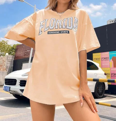 Miniatura 5 de MISSACTIVER Camiseta con estampado gráfico de letras de Florida para mujer, de manga corta, cuello redondo, hombros caídos, casual, camiseta, Rosado