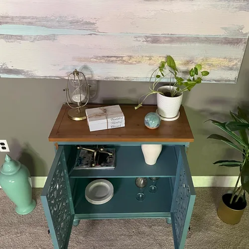 Miniatura 6 de PHI VILLA Gabinetes de acento azul, pequeño gabinete de buffet y aparador, credenza de 2 puertas talladas huecas, gabinete de almacenamiento