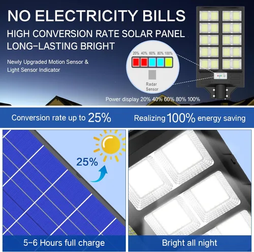 Miniatura 4 de Farola solar de 8000 W, luz solar de calle para exteriores de altos lúmenes, luces solares de estacionamiento de 6500 K, luces solares con sensor
