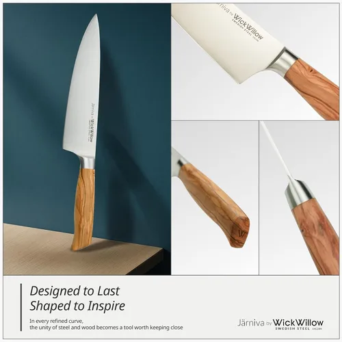 Miniatura 6 de WICKWILLOW - Cuchillo de chef de 8 pulgadas – Cuchillo de cocina de acero sueco ultra afilado con mango de madera de olivo italiano – Cuchillo