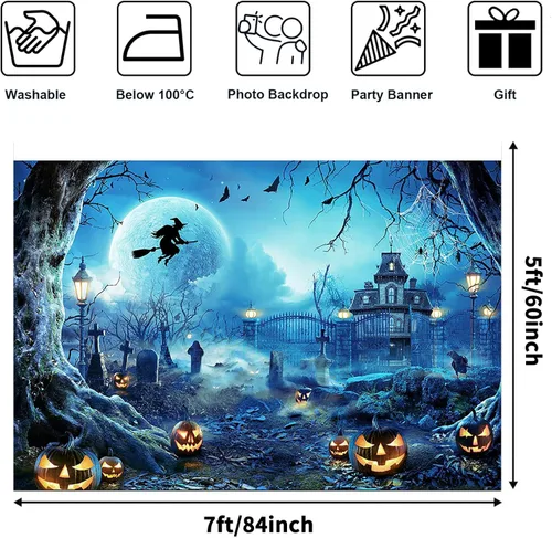 Miniatura 2 de Avezano Telón de fondo para fotografía de Halloween, luna llena, noche aterradora, castillo, calabazas, fondo de fiesta, espeluznante, bruja, Azul