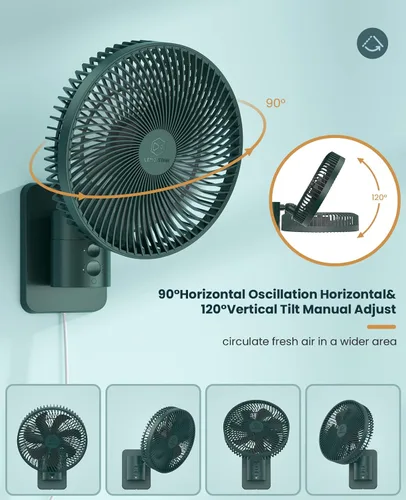 Miniatura 2 de LEMOISTAR Ventilador de pared pequeño de 8 pulgadas montado en la pared con control remoto, oscilación de 90°, 4 velocidades de alta velocidad, 8
