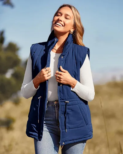 Miniatura 2 de BTFBM Chaleco casual para mujer, con botones, con cremallera, acolchado, con cordón, sin mangas, con bolsillos