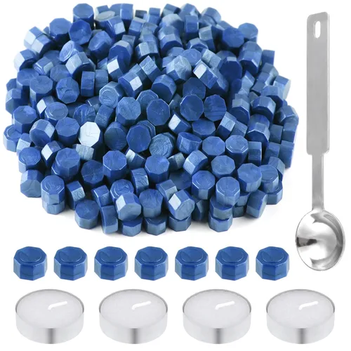 Kit de 500 cuentas de sello de cera octágono azul cielo con 4 velas de té, 1 cuchara de fusión para manualidades, manualidades, letras, boda,