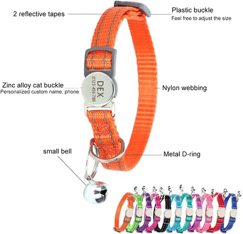 Miniatura 4 de Collares de gato con etiqueta de nombre, placa grabada personalizada, número de teléfono, collar de gatito con campanas ajustables para lindas