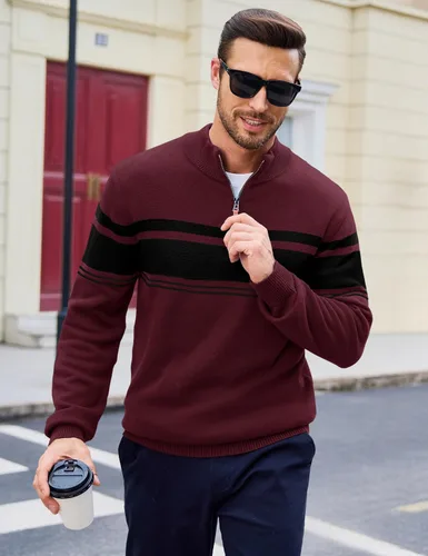 Miniatura 2 de MAGCOMSEN Suéteres de algodón con cremallera de 1/4 para hombre, suéter tipo polo, a rayas, para otoño e invierno, sudaderas cálidas