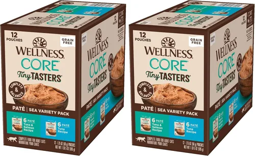 Miniatura 10 de Wellness CORE Tiny Tasters - Alimento húmedo en paté para gatos adultos, natural, rico en proteínas, sin granos, bolsa de 1.75 onzas, paquete de 12
