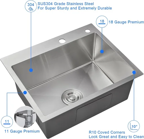 Miniatura 4 de Fregadero de cocina empotrable cepillado de 22 pulgadas, Fregadero de preparación de barra de cocina de montaje superior de acero inoxidable SUS304