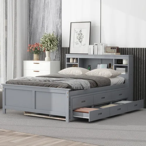 Miniatura 8 de Cama de plataforma de tamaño individual con cabecera de almacenamiento, cama nido individual y estación de carga, cama capitanes de madera de pino