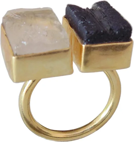 Anillo de piedra dual chapado en oro con turmalina negra y cristal de cuarzo