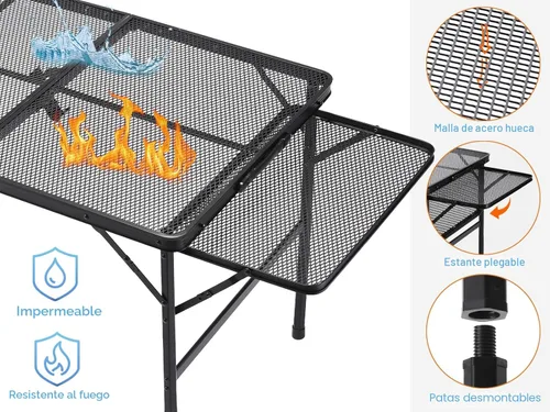 Miniatura 4 de Mesa de camping plegable grande – Mesa de parrilla de malla metálica con 2 paneles de alas 2 alturas ajustables Mesa grande de picnic y al aire