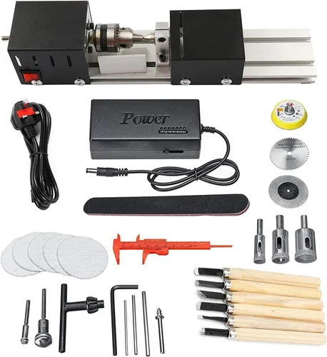 Mini Torno Perlas Pulidora Máquina DIY Mecanizado para Mesa Carpintería Madera DIY Herramienta Torno Estándar Set DC 12V-24V 96W