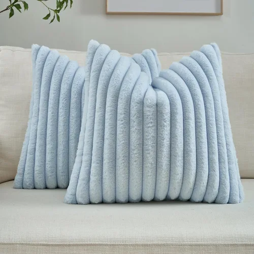 Miniatura 36 de FUTEI - Juego de 2 fundas de almohada decorativas con rayas, cuadradas, para invierno, piel sintética de conejo suave y acogedora y respaldo