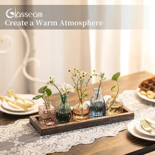 Miniatura 2 de Glasseam Jarrones de cristal para flor: 5 coloridos jarrones pequeños con bandeja de madera rústica para el hogar, oficina, sala de estar, baño