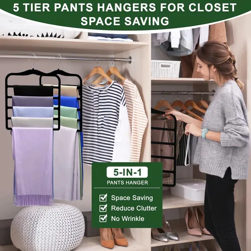 Miniatura 6 de Organizadores y almacenamiento de armario, paquete de 3 perchas de terciopelo para pantalones, ahorro de espacio, antideslizantes, organizador de 5